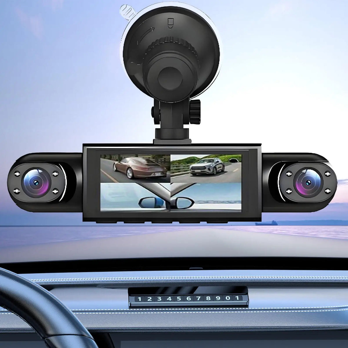 Dash Cam 4 Channel Battery Powered Dash Cam \ 1080P Monitor with | 32G Card Rear Reversing Image for Left Right Front Blind Spot.