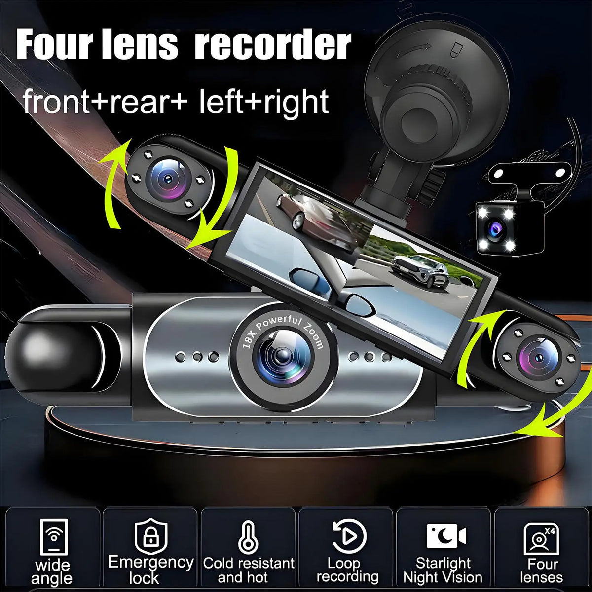 Dash Cam 4 Channel Battery Powered Dash Cam \ 1080P Monitor with | 32G Card Rear Reversing Image for Left Right Front Blind Spot.
