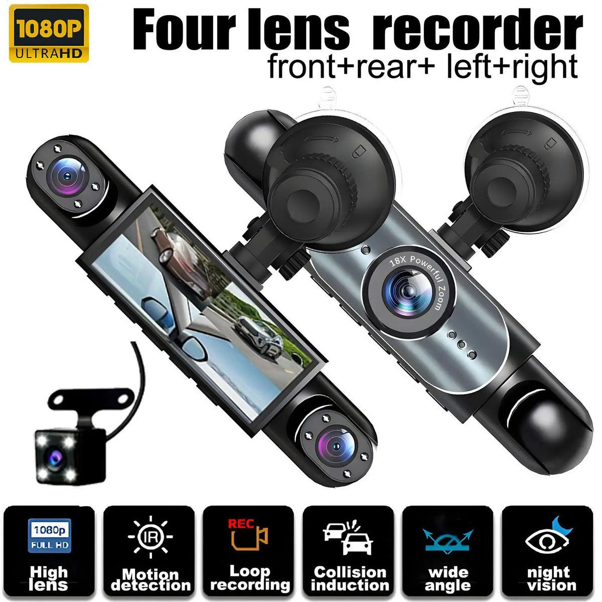 Dash Cam 4 Channel Battery Powered Dash Cam \ 1080P Monitor with | 32G Card Rear Reversing Image for Left Right Front Blind Spot.
